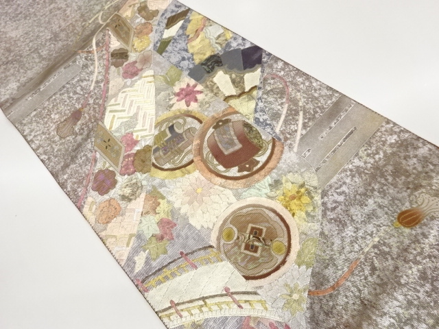 JAPANESE FUKURO OBI / KINSAI IROE / SHELL INLAY / FLOWERS / ARTIST WORK